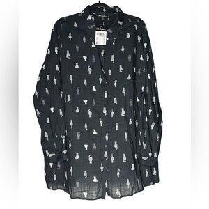 Ulla Popken Black Cat Print Button Down Blouse 24/26 Long Sleeve Lightweight NWT